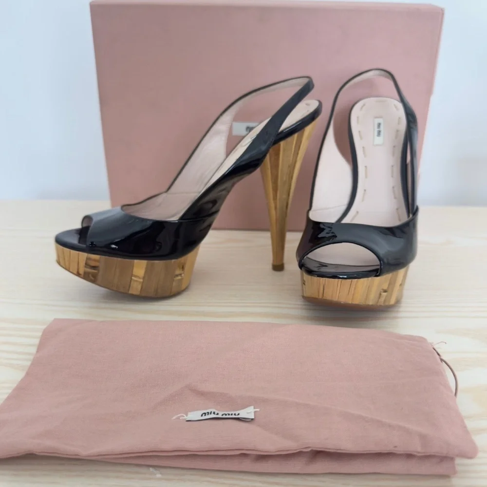 Miu Miu Bamboo Slingback Patent Leather Peep Toe Platform High Heel Sandals NEW